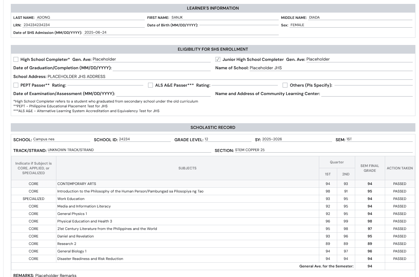 Punch raw scores. DepEd Order No. 8 transmutation runs automatically.